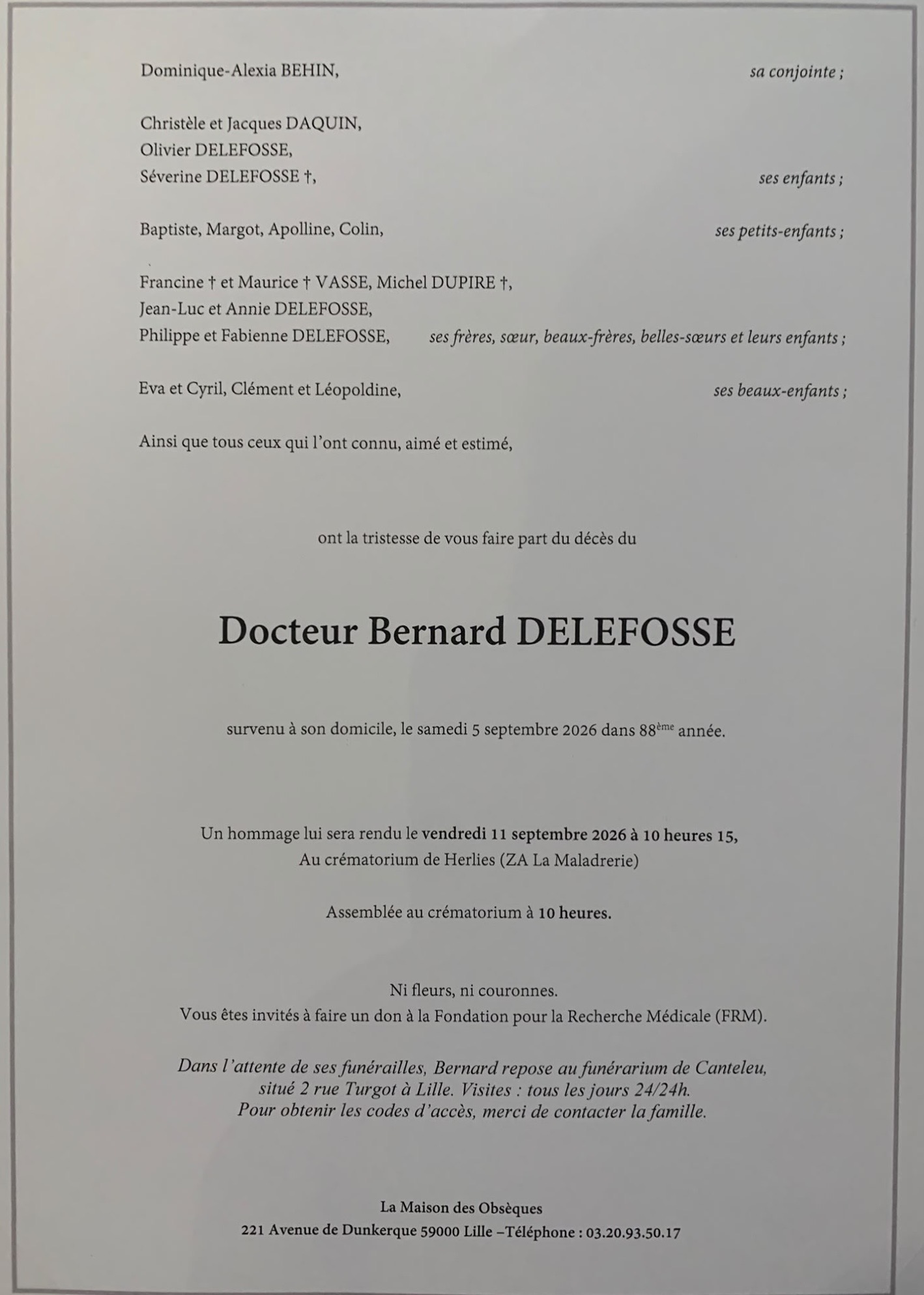 Faire-part Bernard DELEFOSSE